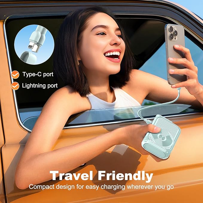 SEANCHEER P05 Portable Charger, Magnetic Power Bank, Small PowerBank, Battery Pack10000mAh Travel Essentials Fast Charging with Built in Cable, Foldable Wall Plug for iPhone,Samsung,Andriod (Green)