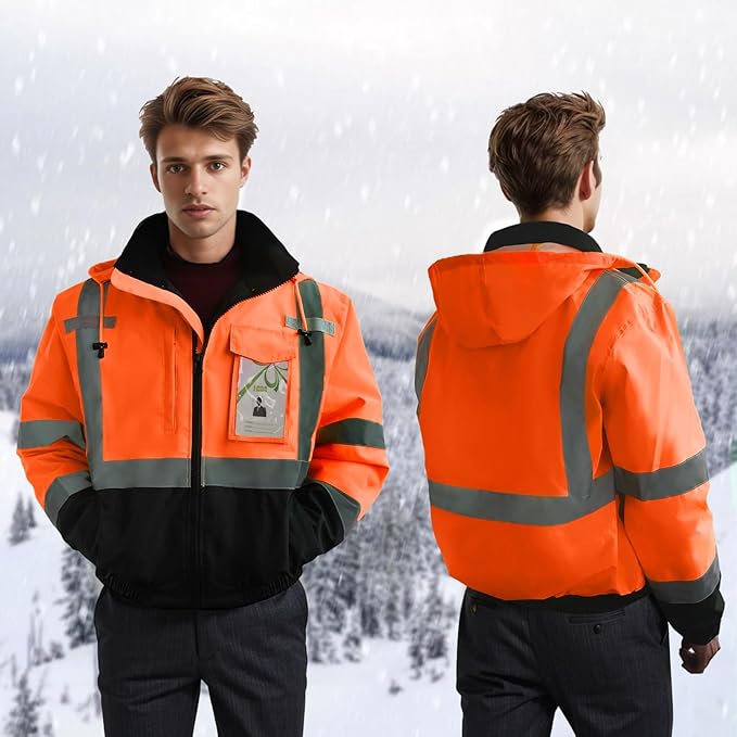 High Visibility Safety Jackets, Construction Coats with Pockets for Men& Women, Rain Jacket for Winter Cold Weather, Waterproof High Vis Rain Coat, Class 3, Orange-Black, 3XL