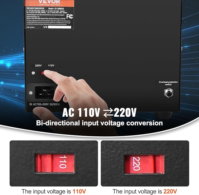 VEVOR Voltage Converter Transformer, 5000W, Heavy Duty Step Up/Down Transformer, Convert from 110 Volt to 220 Volt and from 220 Volt to 110 Volt, with US Outlet EU Outlet 5V USB Port, CE Certified