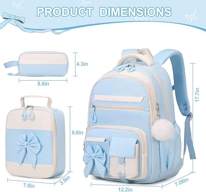 DIGOBAY Backpack for Girls, 3PCS Girls Backpack for School with Lunch Bag Pencil Case, Cute Kids Teens Bookbag for Kindergarten Elementary Preschool Middle School (Blue)