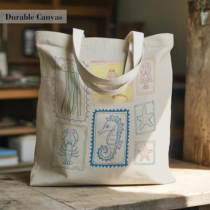 Aesthetic Canvas Tote Bag, Cute Reusable Bags for Women with Inner Pocket