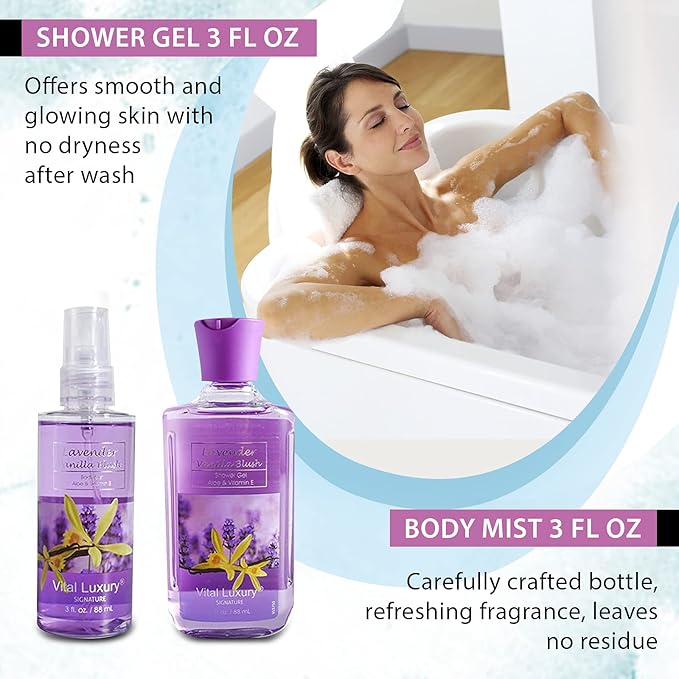 Lavender Vanilla Blush Bath & Body Kit, 3 Fl Oz, Ideal Skincare Gift Home Spa Set, Includes Body Lotion, Shower Gel, Body Cream, and Fragrance Mist,Birthday Mother's Day Gifts