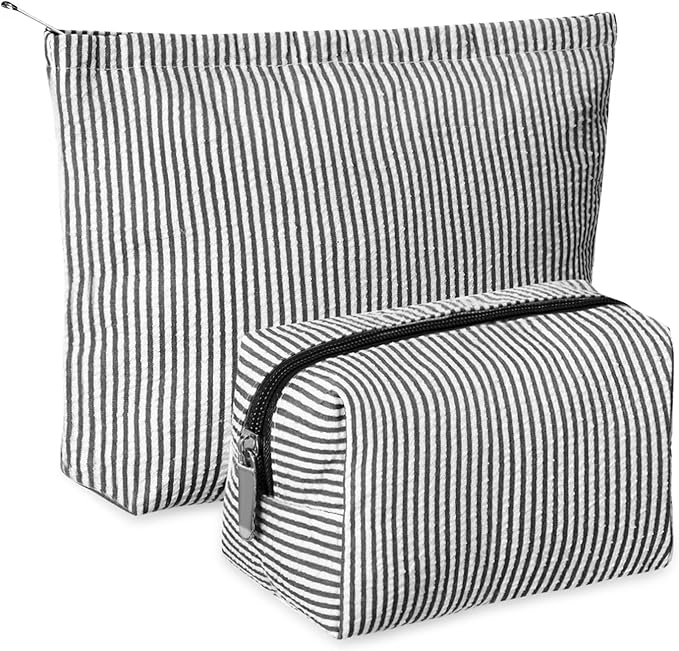 Huhumy 2 Pcs Makeup Bag Set Cute Cosmetic Pouch for Women Seersucker Travel Toiletry Bag Preppy Small Makeup Purse Pouch Aesthetic Skincare Brushes Storage Organizer for Valentine Women(Black)