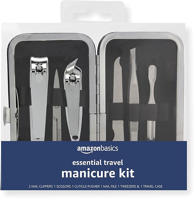 Amazon Basics 6-Piece Essential Travel Manicure Kit, Grooming Set with Nail Clippers, Portable Nail Care Tools in Travel Case
