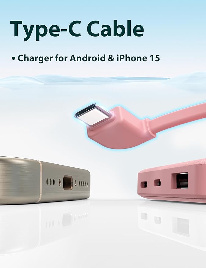 miisso 6000mah Ultra Slim Built in Cables Power Bank, Card Size Built in USB C Cords Battery Pack Portable Charger for Phones, 3 Output External Battery Pack Compatible with iPhone, Pink