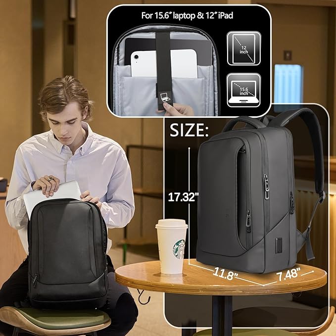 hk Laptop Backpack for Men with USB Charging Port Water-Resistant for 15.6 Inch Computer Bag Durable High-Tech Daypack Casual Backpack for Business Work College Weekender Travel-Black