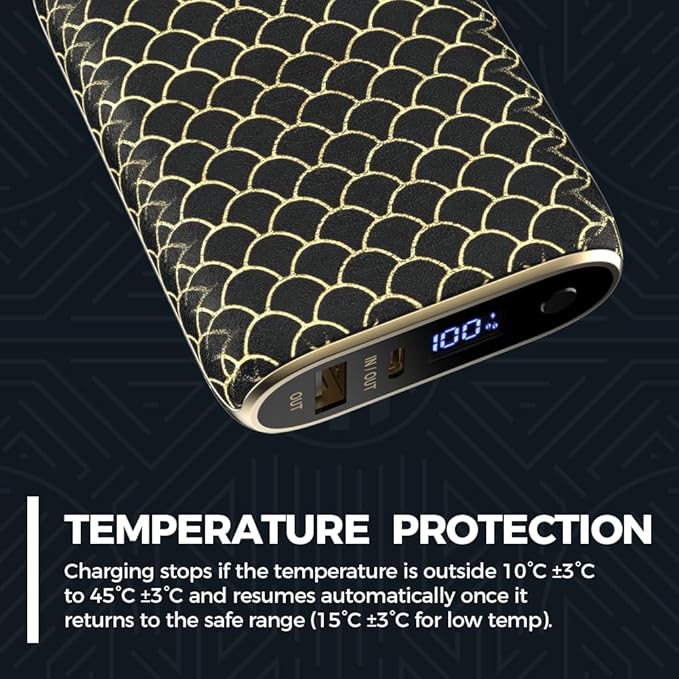 Halo RapidPack 10K DLX Power Bank | USB & USB-C Fast Charging for Multiple Devices, Smart Phones & Tablets, Synthetic Leather Wrapped, Portable Battery Charger, TSA Air Travel Approved — Gold