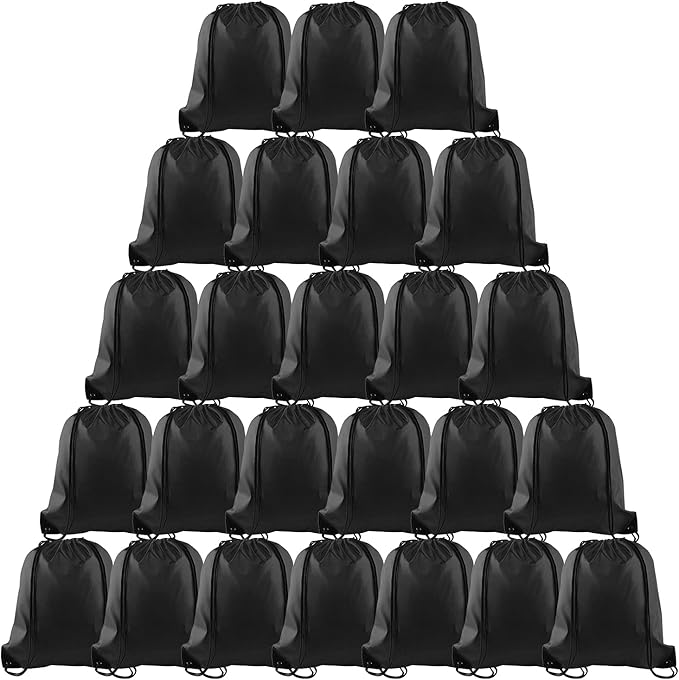 PLULON 25 Pcs Black Drawstring Bags Bulk, Black Drawstring Backpack Bulk String Backpack Cinch Sack Pull Sport Gym Backpack Bags for Yoga Traveling Outdoor Sports