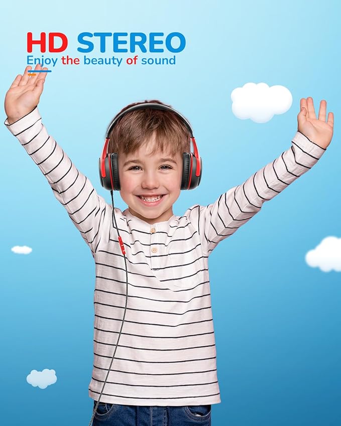 awatrue Kids Headphones for School Travel, 85/94dB Safe Volume Limit, 3.5mm Jack, HD Mic, Portable Wired Headphone with Shareport, Stereo Sound On-Ear Headphones for Toddler Kids Girls Boys BlackRed