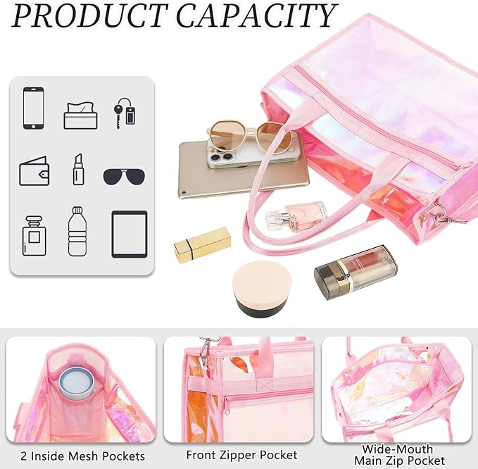 Fammart Iridescent Clear Beach Bag for Women, Jelly Tote Bag Waterproof Sandproof Pool Bag Cruise Vacation Essentials