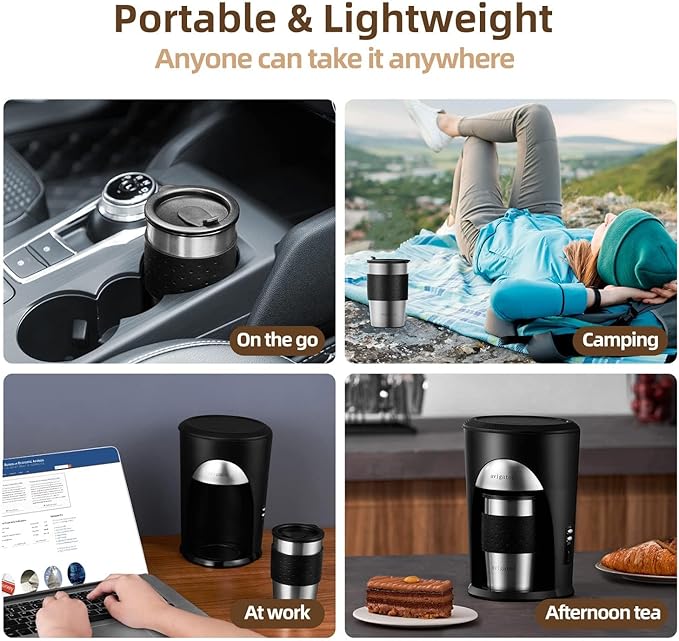 Portable Coffee Maker for Travel Camping Car, Compact Drip Coffee Machine Single Serve with 10oz Travel Mug for Traveling, RV, Office, Camping, 12V Socket, Black