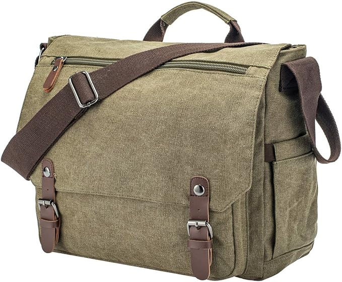 Vintage Genuine Leather Waxed Canvas Briefcase Large Satchel Shoulder Bag Rugged Computer 15.6" Laptop Bag