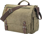 Vintage Genuine Leather Waxed Canvas Briefcase Large Satchel Shoulder Bag Rugged Computer 15.6" Laptop Bag