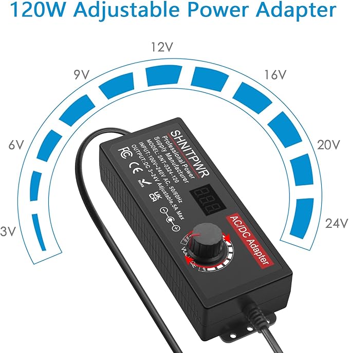 SHNITPWR 120W Universal Power Supply Adapter DC 3.5V~24V 5A Adjustable AC/DC Adapter with USB C Charger PD 100W 100V-240V AC to DC Converter Variable Power Supply,14 Tips,Alligator Clips Power Cable