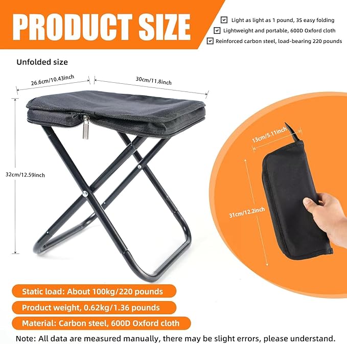 Camping Stool 12 Inch Portable Folding Stool with Carry Bag Weight Load 220lbs Portable Stool for Camping Fishing Hiking BBQ