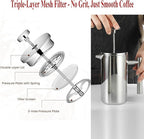Stainless Steel French Press Coffee Maker - Portable Cafetiere 3 Cup Espresso Coffee Press - Double Wall Insulated, Triple Mesh Filter - Perfect for Home, Office, Camping & Travel (20 Oz)