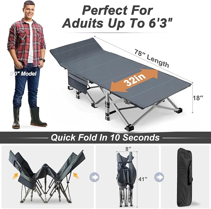 ABORON 2PK XXL Camping Cot for Adults 900LBS - 78"×32" Oversized Folding Bed with Mattress Pad, Heavy Duty 1200D Oxford Outdoor Cot with Carry Bag