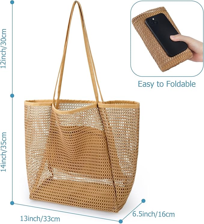 Iioscre Beach Bag for Women, Causal Hobo Pool Bags with Zipper Inner Pocket, Foldable Swim Tote Bag for Vacation Essentials