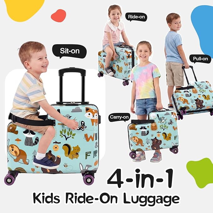 smilesun 20" Ride-On Suitcase for Kids, Cute Pattern, Lightweight Hardshell Carry-On Luggage with Double Spinner Wheels, TSA Lock for Boys & Girls（Green）