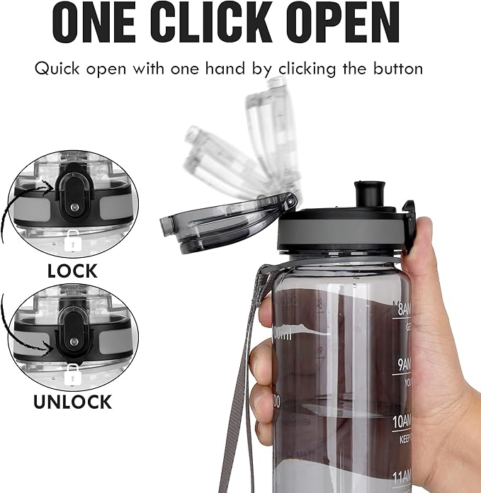 OLDLEY Water Bottle, 32oz Motivational Sports Water Bottle with Time Marker - Times to Drink - Tritan, BPA Free, Wide Mouth Leakproof,Anniversary Birthday Gifts for Men Women,Smoke Grey (1 Bottle)