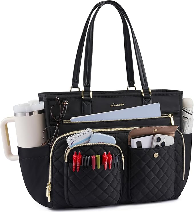 LOVEVOOK Tote Bag, Work Bags for Women with Large Cup Holder, Large Capacity Teacher Tote with Multi Pockets, Water Resistant Nurse Diaper Tote with Padded Laptop Compartment, 17.3 Inch Black