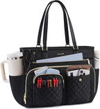 LOVEVOOK Tote Bag, Work Bags for Women with Large Cup Holder, Large Capacity Teacher Tote with Multi Pockets, Water Resistant Nurse Diaper Tote with Padded Laptop Compartment, 15.6 Inch Black