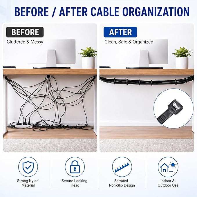 Zip Ties 8 inch, 5000 Pack Black Zip Ties, Self-Locking Nylon Cable Ties with 40 lbs Tensile Strength,Wire Ties for indoor and outdoor use.