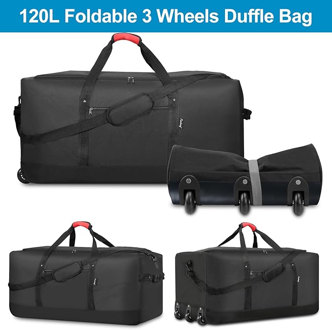 Finnhomy 120L Foldable Rolling Duffel Bag with 3 Wheels, Light Weight Travel Duffel bag with Large Loading Capacity, 32'' Rolling Duffel bag with Shoulder Strap