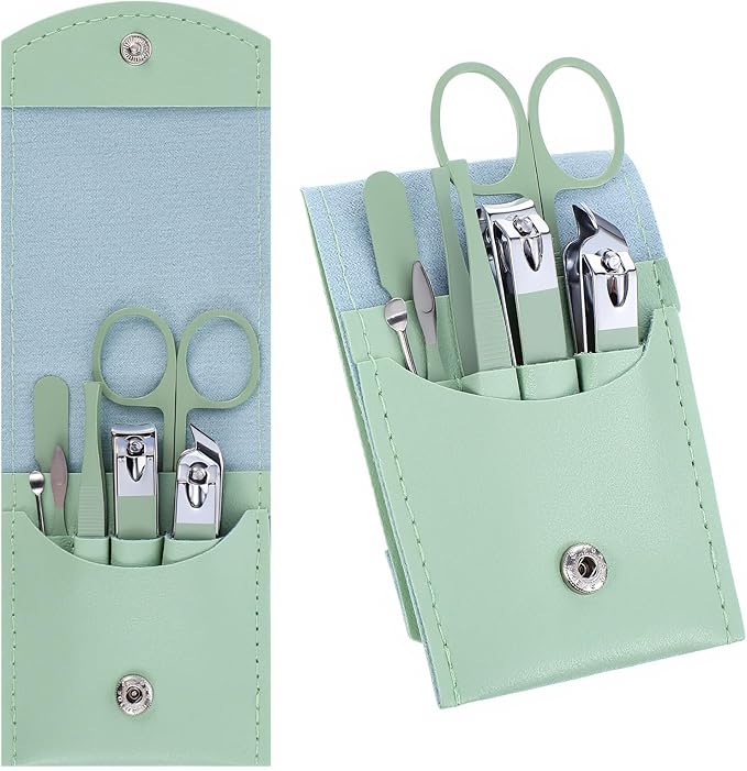Manicure Set, 7 Pcs Professional Nail Clippers Scissors Pedicure Tools Kit, Carbon Steel Travel Nail Care Clippers with Green Leather Bag, 7 in 1 Portable Travel Grooming Kit for Women Men (Green)