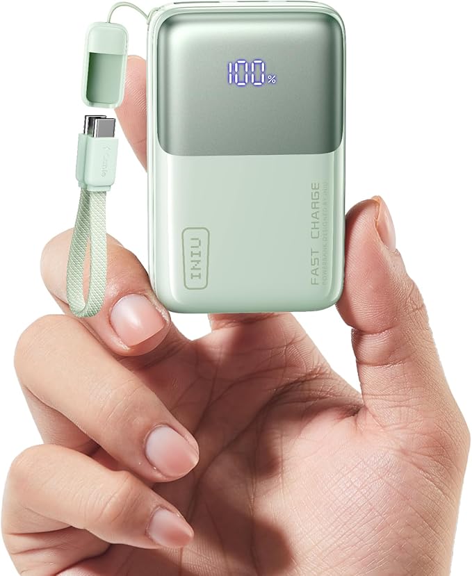 INIU Portable Charger, Ultra Mini 10000mAh 45W Fast Charging Power Bank, USB C Battery Pack with Cable, Flight-Safe Travel Powerbank for iPhone 17, Xiaomi 17 Pro, Teen Girls, Night Out, Light Green