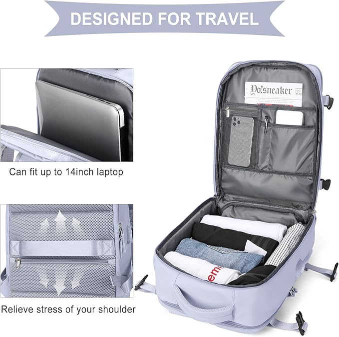 Carry on Travel Laptop Backpack Personal Item Size for Women Men Flight Approved,Backpack for Women Travel Bag Hiking Outdoor Sports Rucksack Casual Daypack, Taro Purple