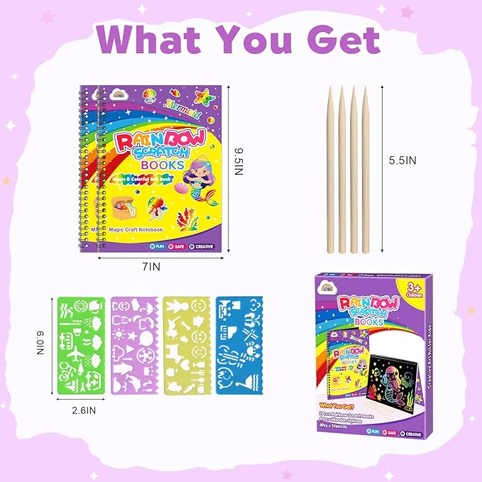 ZMLM Scratch Paper Art-Crafts Gift: 2 Pack Rainbow Notebooks Supplies Toys for 3 4 5 6 7 8 9 10 Years Old Girls and Boys Kids Easter Gifts Christmas Birthday Party Games Mermaid
