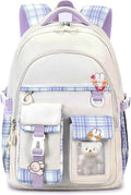 PRLINJSK Girls Backpack，Cute School Backpack for Girls Kids Teens，Kawaii Bookbag for Primary Elementary，White