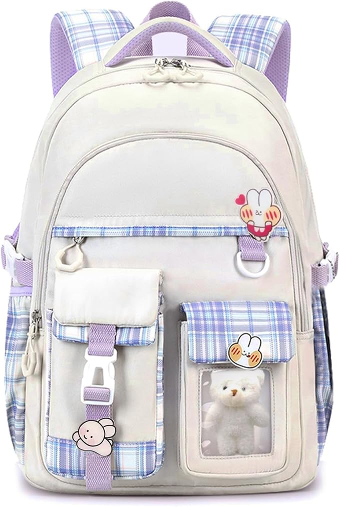 PRLINJSK Girls Backpack，Cute School Backpack for Girls Kids Teens，Kawaii Bookbag for Primary Elementary，White