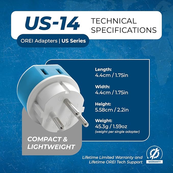 OREI Israel, Palestine Power Plug Adapter with 2 USA Inputs - Travel 3 Pack - Type H (US-14) Safe Grounded Use with Cell Phones, Laptop, Camera Chargers, CPAP, and More