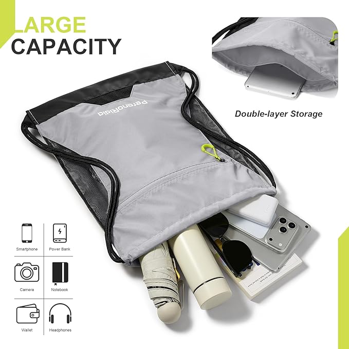 Waterproof Drawstring Backpack for Men/Women, Lightweight Sports Bag for Gym, Beach, Swim, Hiking, Running & Cycling, Anti-Stain with Quick-Access Mesh Pocket, Gray 14.2"×2.8"×17.7"