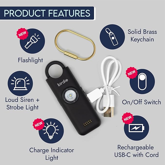She’s Birdie 3.0 New Version – The Original Personal Safety Alarm for Women by Women–Loud Siren, Flash Light and Rechargeable Battery in a Variety of Colors (Charcoal Black)