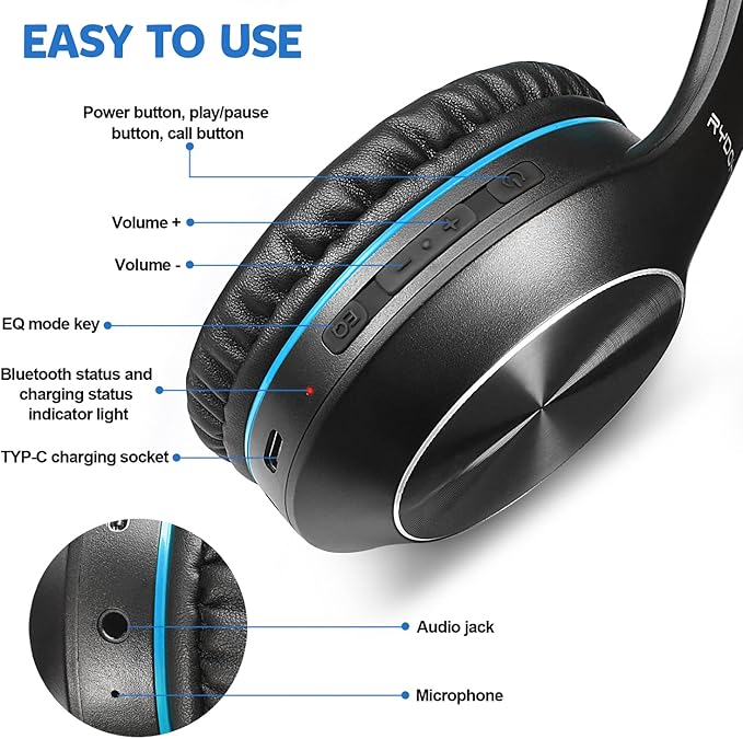 Rydohi Bluetooth Headphones Over Ear, 68H Playtime 3 EQ Music Modes Wireless Headphones with Microphone/Deep Bass, Foldable Lightweight Headset for PC Home Travel Office(Black Blue)