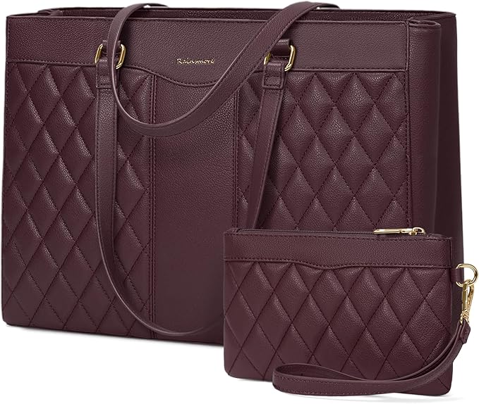RAINSMORE Laptop Bag for Women 15.6 Inch Work Tote Bags Leather Laptop Tote Professional Laptop Purse Computer Handbag Womens Briefcase Tote with Clutch for Teacher Office Travel, Dark Purple