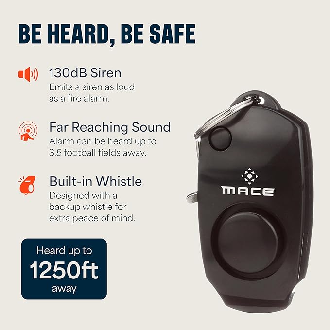 Mace Personal Safety Alarm - Loud 130db Siren, Built in Emergency Whistle, Easy On/Off Push Button Activation, Batteries Included, Personal Alarm for Women & Men - Black