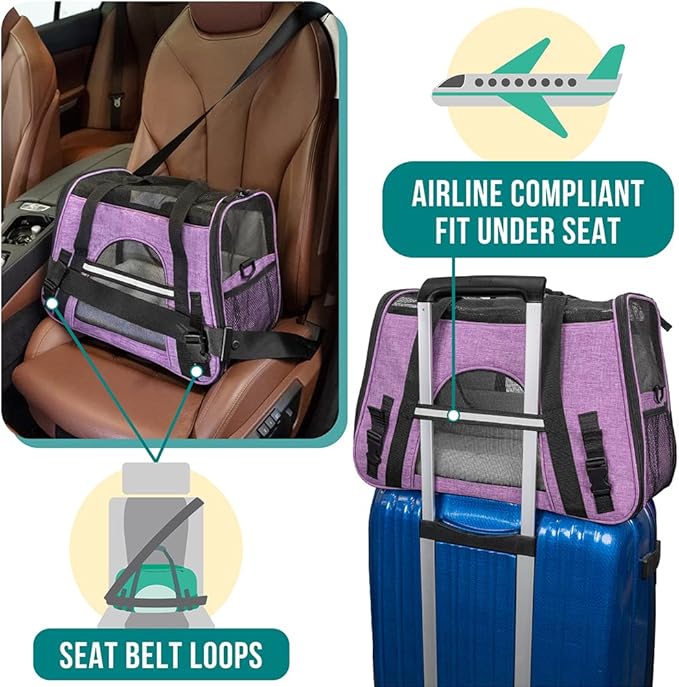 PetAmi Airline Approved Pet Carrier for Cats & Small Dogs, Soft Sided TSA Travel Carrier Bag with Sherpa Bed, Breathable Mesh Ventilation, Collapsible Bowl, Up to 18 lbs, Small Heather Purple