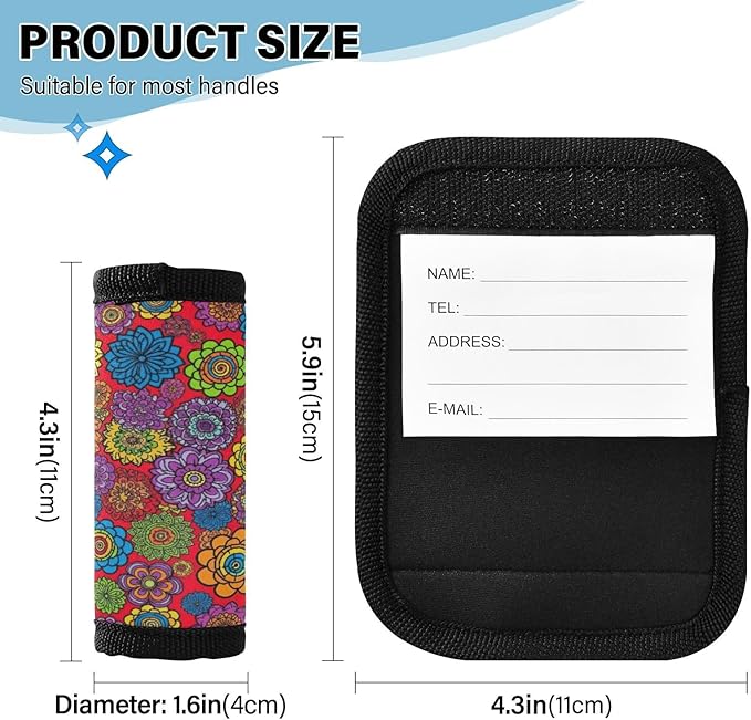Boho Mandala Flowers Luggage Handle Cover and Instant Suitcase Identifier, 4 Pack, 5.9 x 4.3 Inches No-Slip Luggage Handle Wraps with Writable Luggage Tags