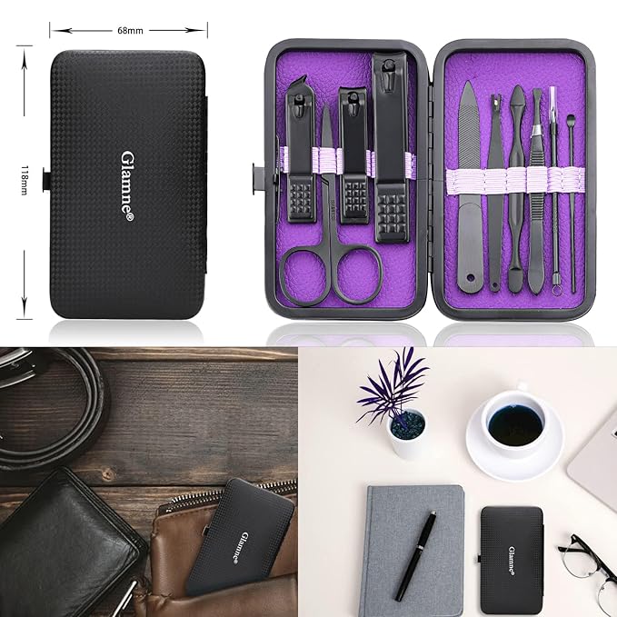 Glamne Manicure Set Nail Clippers Kit Professional Stainless Steel Nail Care Tools with Leather Travel Case 10 in 1 Purple