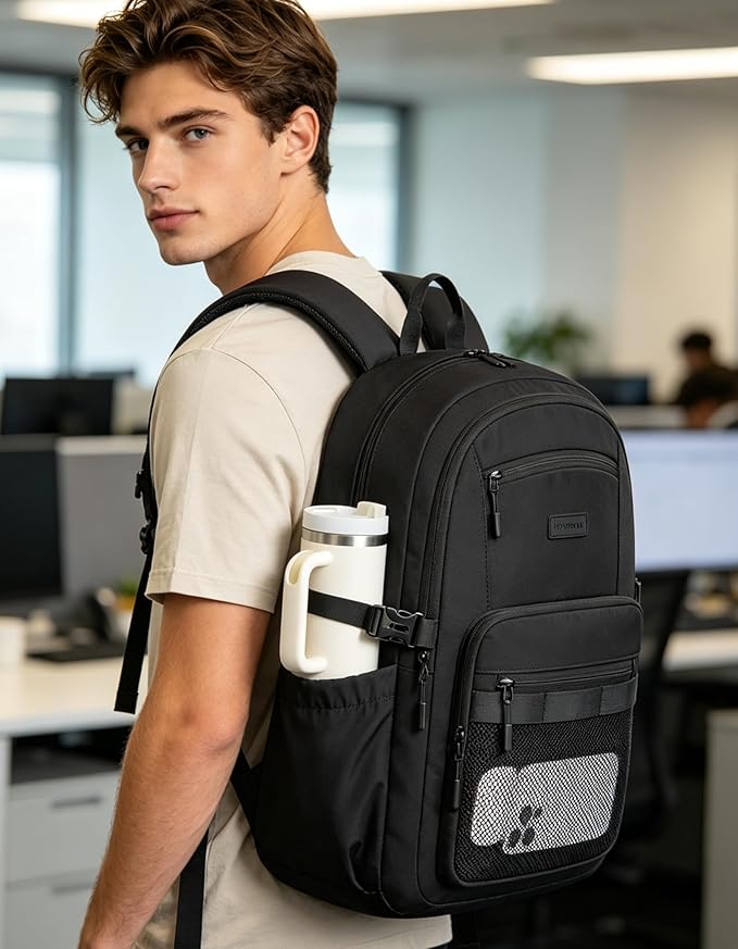LOVEVOOK Laptop Backpack Women/Men with 40oz Cup Holder Buckle Strap, 17.3 Inch Tech-Ready Work Backpack, TSA-compliant for Travel & College with Versatile Mesh Pocket, Black