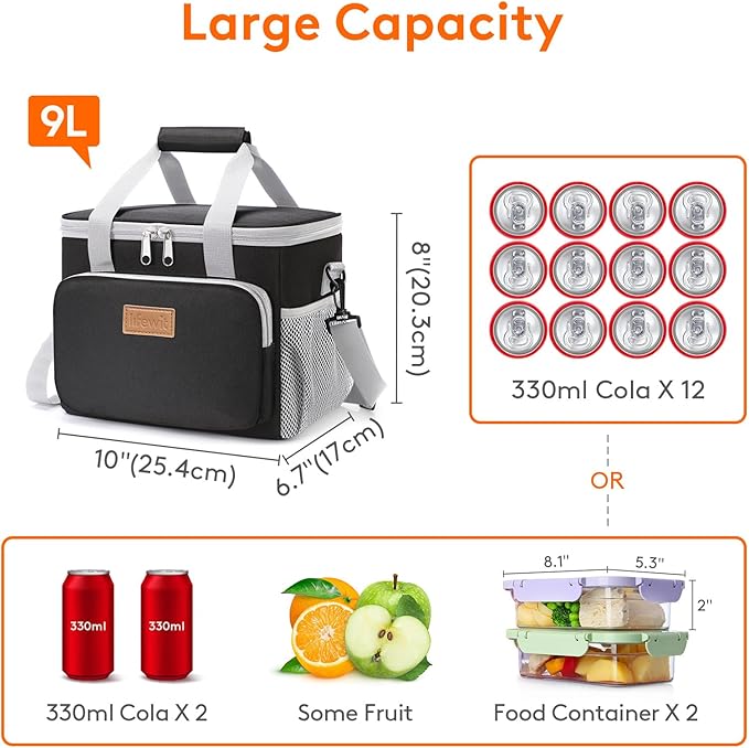 Lifewit Medium Lunch Bag, Insulated Lunch Box, Soft Cooler Cooling Tote for Adult Men Women, Gray and Black 12-Can (9L)