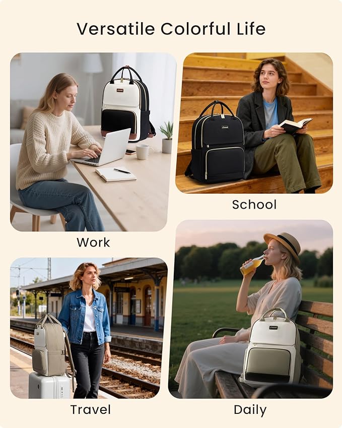 LOVEVOOK Laptop Backpack for Women with Giant Tumbler Holder Pocket, 18 inch Large Travel Work Backpack Purse for Teacher Nurse, Waterproof College Book Bag Cute Casual Daypack, Beige-Black-Brown