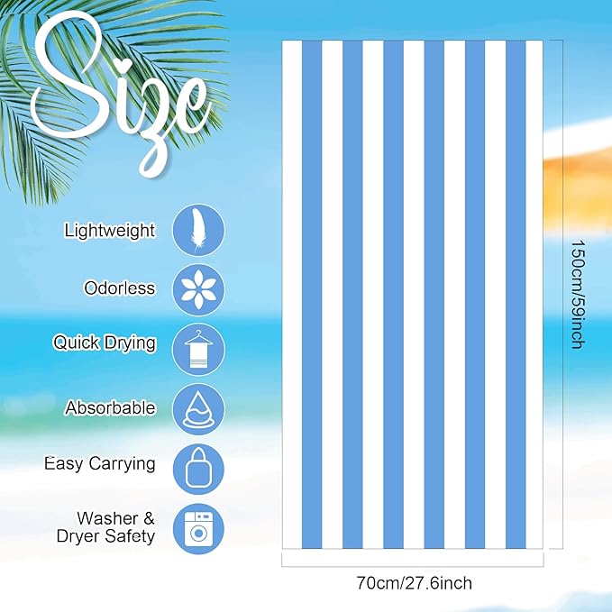 EBOOT 10 Pack Oversized Beach Towel Set Extra Large Pool Towels Microfiber Quick Dry Swim Blanket for Adult Women Men Face Hand Body Bath Travel Pool(Plain Color,28 x 59 Inch,Cabana Stripe)