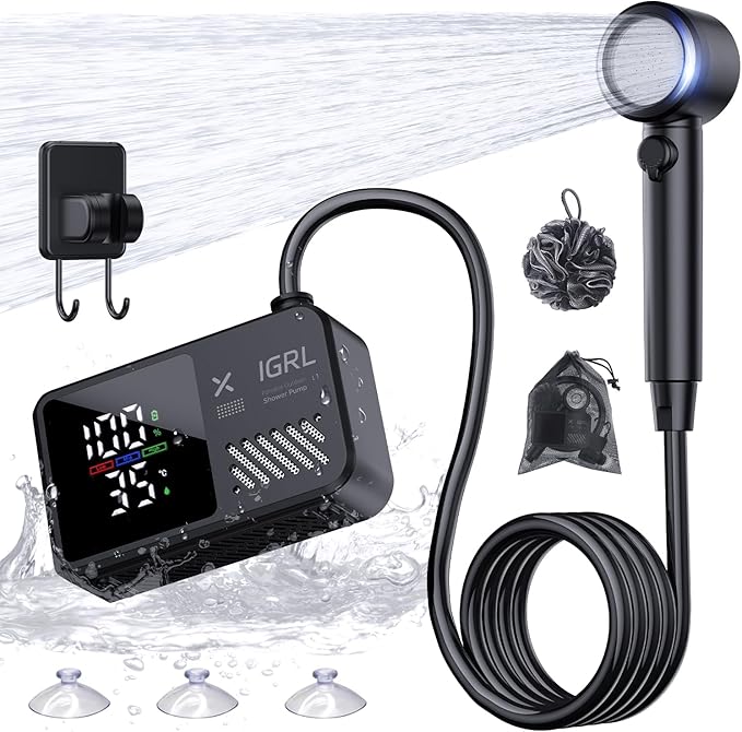 IGRL Portable Shower for Camping, Powerful 10L/Min Water Flow, Rechargeable Shower Pump with Bath Sponge, 4 Spray Modes, IPX8 Waterproof, 7800mAh Battery, Ideal for Hiking, Travel, Pet, Car Wash