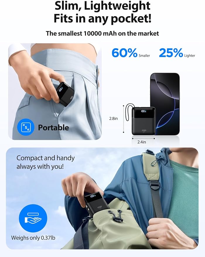 Portable Charger 10000mAh Power Bank Fast Charging, 22.5W USB C Battery Pack with Built-in Cables, Small Portable Charger Travel Essentials Power Bank for iPhone 17 16 15 14, Samsung, iPad, Android