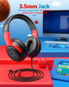 awatrue Kids Headphones for School Travel, 85/94dB Safe Volume Limit, 3.5mm Jack, HD Mic, Portable Wired Headphone with Shareport, Stereo Sound On-Ear Headphones for Toddler Kids Girls Boys BlackRed